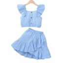 Ensemble d'été pour fille T-shirt à manches courtes et jupe Volants Col rond avec boutons Ensemble élégant pour filles 1