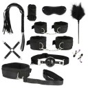 Ensemble de 10 pièces d'accessoires BDSM pour bondage et jeux intimes excitants, y compris menottes, bâillon, fouet et collier. Emballage 2