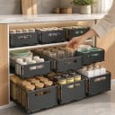 Ensemble de 2 tiroirs coulissants pour armoire de cuisine 37,5 x 24,5 cm Hauteur 10 et 19 cm Acier au carbone et plastique Noir et gris Organisateur 6