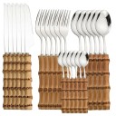 Ensemble de 24 couverts en acier inoxydable avec poignées en bambou Couverts de table complets couteaux cuillères fourchettes et petites 7