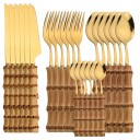 Ensemble de 24 couverts en acier inoxydable avec poignées en bambou Couverts de table complets couteaux cuillères fourchettes et petites 6