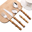 Ensemble de 24 couverts en acier inoxydable avec poignées en bambou Couverts de table complets couteaux cuillères fourchettes et petites 3