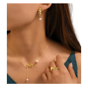 Ensemble de bijoux design botanique en acier inoxydable 316L Collier 45+5 cm Boucles d'oreilles 3,3 cm Bague ajustable Motif perle et feuille pour femmes 4