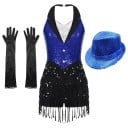 Ensemble de danse pour femmes avec robe à paillettes et franges, chapeau et gants, look de gilet avec col, polyester élasthanne 4