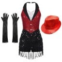Ensemble de danse pour femmes avec robe à paillettes et franges, chapeau et gants, look de gilet avec col, polyester élasthanne 1