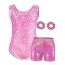 Ensemble de gymnastique pour filles avec body à imprimé à pois scintillants, shorts brillants et 2 élastiques à cheveux, polyester 2
