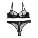 Ensemble de lingerie féminine en tulle transparent à rayures, soutien-gorge avec armatures et bonnets non rembourrés et string à taille 1