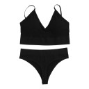 Ensemble de lingerie pour femmes, soutien-gorge à fines côtes sans armatures avec décolleté en V et coussinets amovibles et string à taille large 3