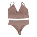 Ensemble de lingerie pour femmes, soutien-gorge à fines côtes sans armatures avec décolleté en V et coussinets amovibles et string 1