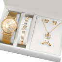 Ensemble de montres et bijoux pour femmes avec motif de papillon Couleur dorée Bracelet Boucles d'oreilles Collier Bague Ensemble de bijoux élégant 3