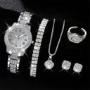 Ensemble de montres et de bijoux pour femmes en alliage Collier en cristal boucles d'oreilles bague bracelet Bijoux élégants Cadeau 1