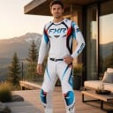 Ensemble de motocross avec un maillot à manches longues et un pantalon avec des accents bleus et rouges et une boucle à la taille pour enduro 4