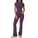 Ensemble de sport pour femmes avec pantalon et t-shirt à manches courtes, uni, nylon, polyester, confortable et stylé pour le fitness 5