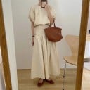 Ensemble femme blouse et jupe longue Blouse à manches bouffantes courtes Jupe avec taille froncée large Coton et lin avec polyester 2