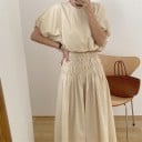 Ensemble femme blouse et jupe longue Blouse à manches bouffantes courtes Jupe avec taille froncée large Coton et lin avec polyester 4