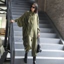 Ensemble femme chemise asymétrique avec volants et pantalon large avec élastique à la taille Coupe oversize Manches ballon Polyester 7