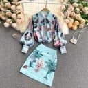Ensemble femme chemise bleu clair et mini jupe avec imprimé tropical Chemise à manches ballons et col Jupe courte en forme de A Polyester 2