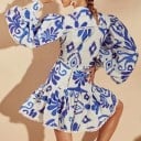 Ensemble femme chemise et jupe à volants Motif ornemental Chemise à manches bouffantes et lien Bords avec pompons Polyester et coton 3