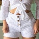Ensemble femme haut et short Blanc madeira avec motif à trous Haut court avec lien et manches évasées Short taille haute 3