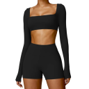 Ensemble Femme Short et Crop Top à Manches Longues, Uni, Spandex, Nylon 3