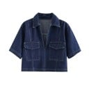 Ensemble femme top et jupe D'ensemble à deux pièces Aspect denim Manches courtes avec col Poches sur le top Polyester Bleu marine Décontracté 2