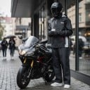 Ensemble moto imperméable veste et pantalon Veste avec col montant et poignets élastiques Pantalons droits Noir avec éléments gris et rouges 11