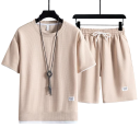 Ensemble pour homme avec shorts à cordon, t-shirt à manches courtes et décolleté rond, uni, polyester 4