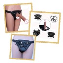 Ensemble strap-on avec un dildo en silicone réaliste taille L avec testicules et ventouse dans un harnais en cuir design confortable ajustable emballage discret 8