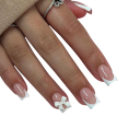 Estilo francés brillante con lazo 3D Uñas acrílicas cuadradas 24 unidades 12 tamaños Juego completo para manicura en casa 1