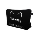 Estojo de maquilhagem feminino Preto com estampado de orelhas e bigodes de gato Frase I’m so purrrfect Fecho em zip Poliéster 13,5 x 18 cm 2