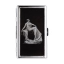 Estojo para cartões estilo vintage 10 x 6 x 2 cm Metálico Prateado com tampa preta Motivo de mulher em vestido Duas divisórias Para cartões e visitas 1