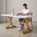Étkezőasztal 160 x 80 x 75 cm 4-8 fő részére fehér márványhatású lappal és arany ívelt lábakkal keresztgerendával 7
