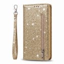 Étui à rabat scintillant pour Samsung Galaxy S24 Ultra Poche zippée et compartiment pour cartes Sangle de poignet Cuir PU Étui de livre 1
