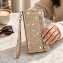 Étui portefeuille pour Samsung Galaxy S25 Edge Surface scintillante Poche zippée et compartiment pour cartes Sangle pour poignet Cuir PU 3