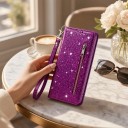 Étui portefeuille pour Samsung Galaxy S25 Edge Surface scintillante Poche zippée et compartiment pour cartes Sangle pour poignet Cuir PU 20