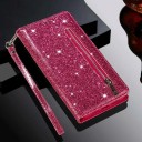 Étui portefeuille pour Samsung Galaxy S25+ Surface scintillante Poche zippée et compartiment pour cartes Sangle pour poignet Cuir PU Étui 16
