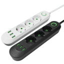 EU-forlængerkabel 2m 3AC 2500W med stikkontakt og 3× USB A 2.1A strømfilter 5V afbryder med indikatorlampe Kontorstrømstikadapter 3