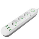 EU-forlængerkabel 2m 3AC 2500W med stikkontakt og 3× USB A 2.1A strømfilter 5V afbryder med indikatorlampe Kontorstrømstikadapter 5