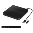 Extern CD/DVD-enhet 14 x 14 x 1,5 cm USB 3.0 och USB-C Plug and Play Bärbar optisk enhet för Windows Linux Mac OS ABS 3