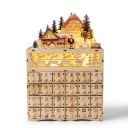 Fából készült adventi naptár LED világítással Téli falu Mikulással 24 fiókkal 22,5 x 10,5 x 35,5 cm Természetes fa Karácsonyi dekoráció 1
