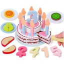 Fából készült kétszintes születésnapi torta 13 cm Gyerekeknek szánt szeletelő játék gyümölcsökkel, gyertyákkal, díszekkel és merőkanállal Konyhai 2