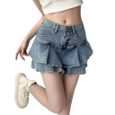 Falda corta de mezclilla de mezclilla azul con cintura alta Falda mini de línea A en capas Falda de cintura casual para mujer Conjunto de verano 3