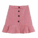 Falda corta de mujer con volante y botones negros Estampado de pata de gallo en rojo y blanco Parte superior recta y ajustada Políester con algodón 1