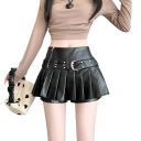 Falda gótica negra de piel sintética con corte en A para mujer, minifalda plisada con cintura alta, estilo punk rock elegante para fiestas y uso informal. 2