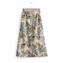 Falda larga de mujer con una fila de botones en la parte delantera Beige con estampado de hojas tropicales Cintura fruncida en la parte posterior 1