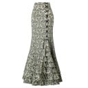 Falda larga vintage para mujer con corte de pez Cordón con ojales metálicos Volantes en capas Patrón ornamental en estilo brocado Poliéster 2