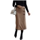 Falda midi de cuadros para mujer con pliegue y botones Patrón marrón suave Lana con poliéster Falda elegante para cada día 2