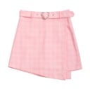 Falda mini de cuadros para mujer con cinturón Parte delantera cruzada asimétrica Cinturón con ojales y hebilla plateada en forma 2