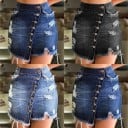 Falda mini de mezclilla para mujer con fila diagonal de botones Asimétrico Detalles desgastados Dobladillo deshilachado Bolsillos 5