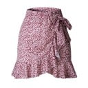 Falda mini para mujer con delantero cruzado y atado en el costado. Dobladillo de volante asimétrico. Estampado de cobertura total. Ligero 2